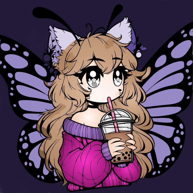 a realistic butterfly/furry girl drinking boba