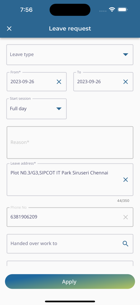 Adrenalin MAX 2.0 - Adrenalin MAX 2.0 mobile app screen for submitting a leave request showing date selectors and contact information fields