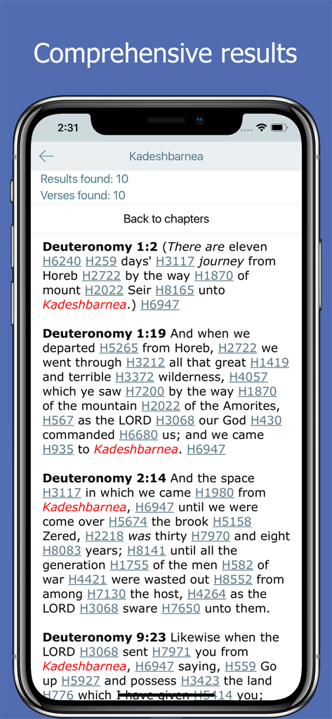 Search results page in the Bible app showing KJV verses with clickable Strong's numbers for word study.