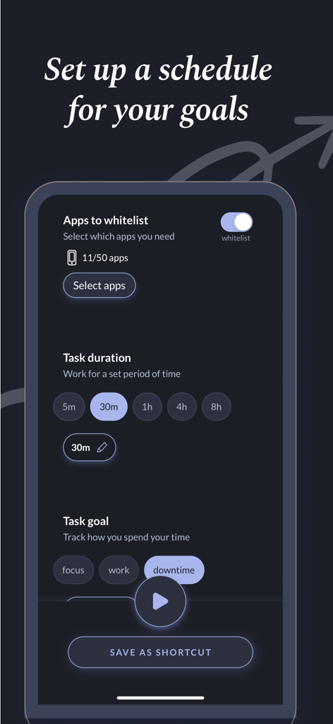 Interfaz de la aplicación Focus Lock que muestra la pantalla de configuración de duración de la tarea, aplicaciones permitidas y categorías de objetivos