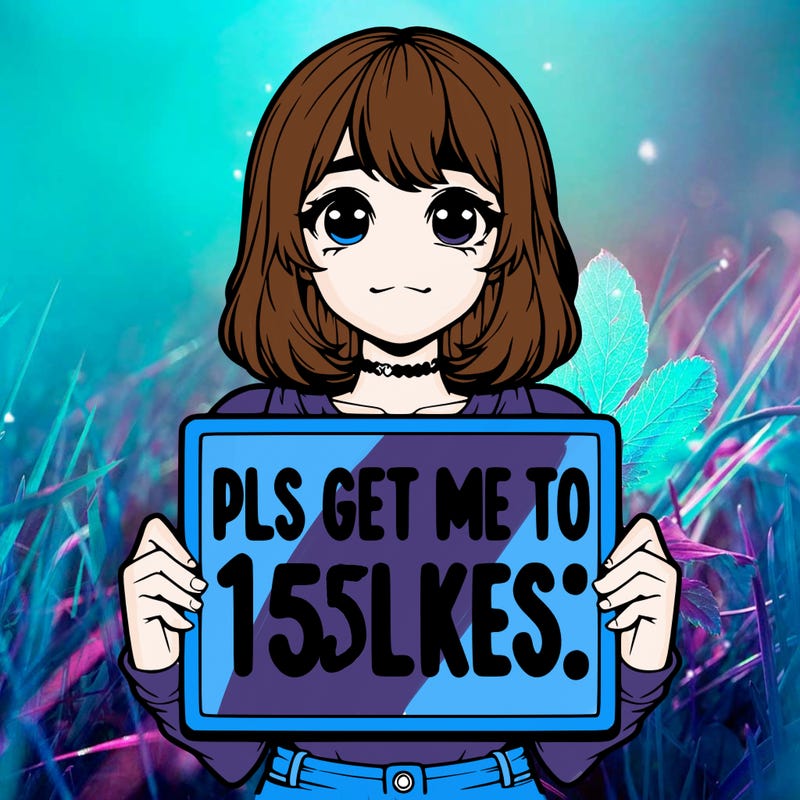 realistic girl holding up a sign that says “pls get me to 15 likes!”