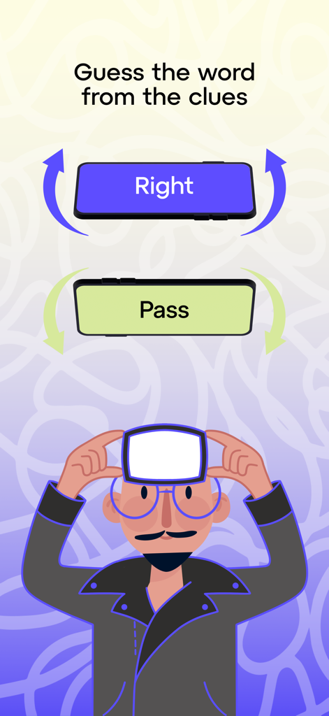 Charades - Guess Up The Word! - Hombre de dibujos animados sosteniendo un teléfono en la frente mostrando cómo inclinar para correcto y pasar en el juego de Charadas