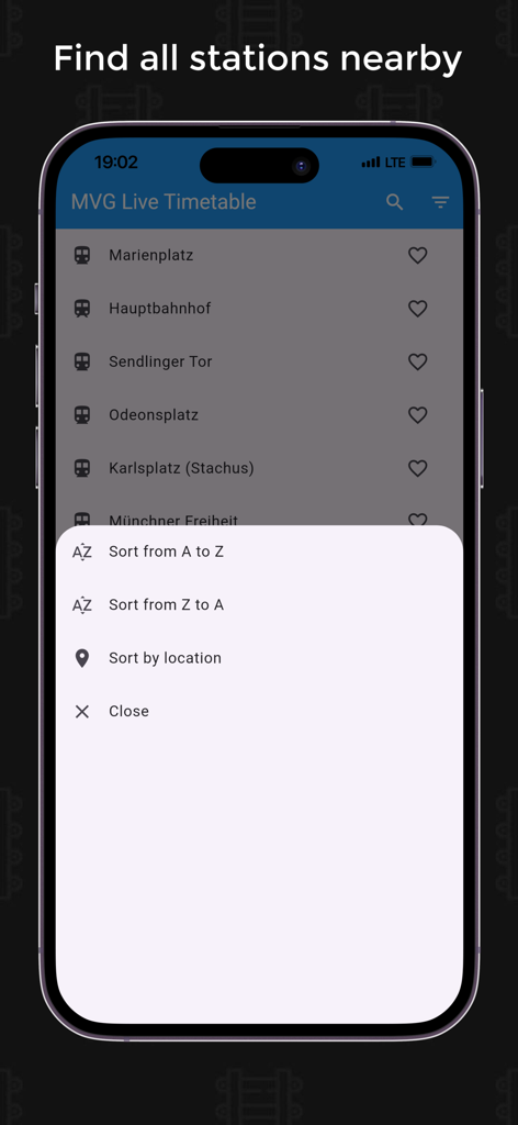 MVG Live Timetable - MVG Live Fahrplan-App-Bildschirm, der nahegelegene Münchner Nahverkehrshaltestellen und Sortieroptionen anzeigt