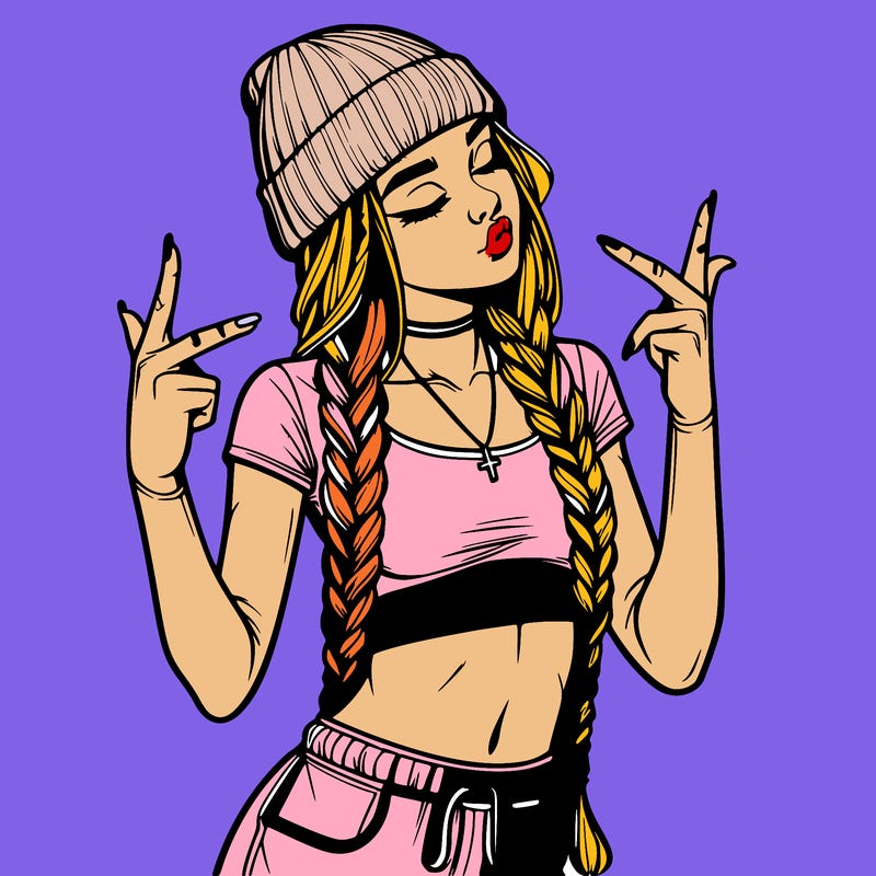 realistic teenage girl with braids and a beanie and crop top doing 🫶🏼
