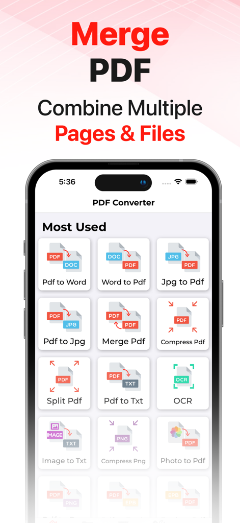 PDF Converter Ai• WORD to PDF - Interface do aplicativo PDF Converter Ai exibindo a ferramenta Unir PDF e vários recursos de conversão de arquivos