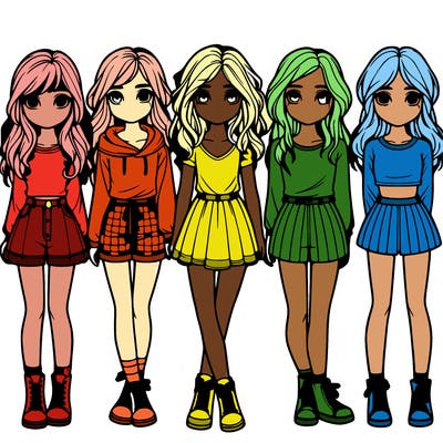 group of 6 realistic girls in a row