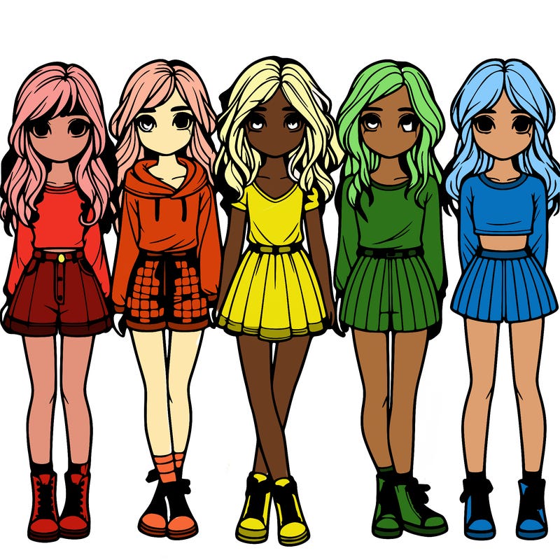 group of 6 realistic girls in a row