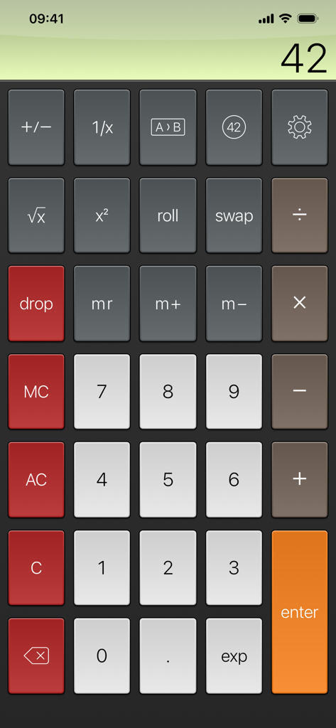 PCalc Lite - PCalc Lite RPN scientific calculator interface with multi-colored buttons