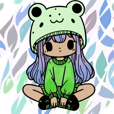 a girl wearing a frog hat and some frog socks