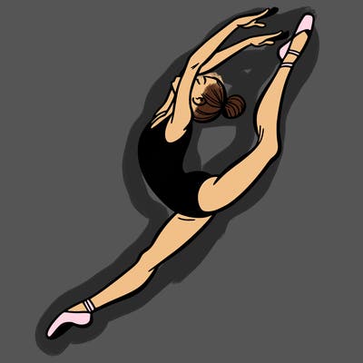 gymnast doing a leap in a leotard with a bent back leg