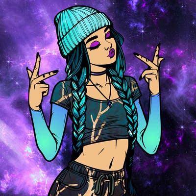 realistic teenage girl with braids and a beanie and crop top doing 🫶🏼