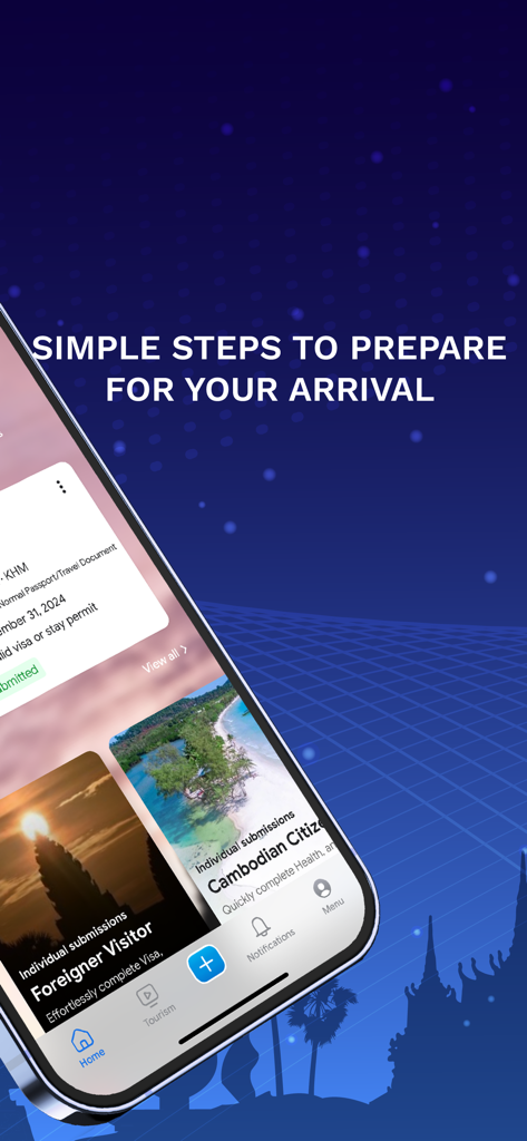 Cambodia e-Arrival - Ein Smartphone-Bildschirm, der die Startseite der Kambodscha e-Arrival App für internationale Reisende anzeigt.