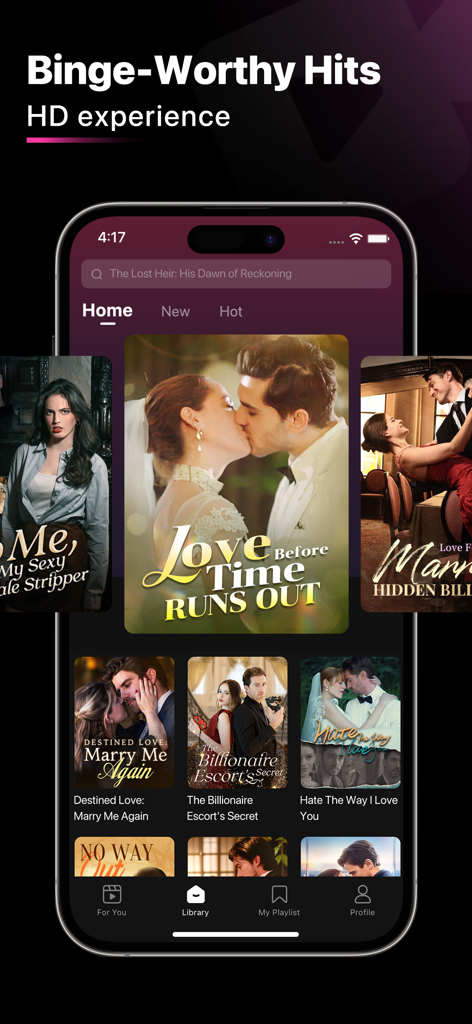 La pantalla de inicio de la aplicación MiniDrama mostrando una biblioteca de series de drama romántico y de venganza de formato corto.