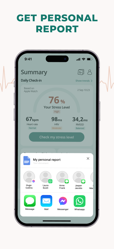 Pulsebit: Heart Rate Monitor - Pulsebitアプリの概要画面にストレスレベルの指標と、パーソナルウェルネスレポートの共有のためのiOS共有メニューが表示されている