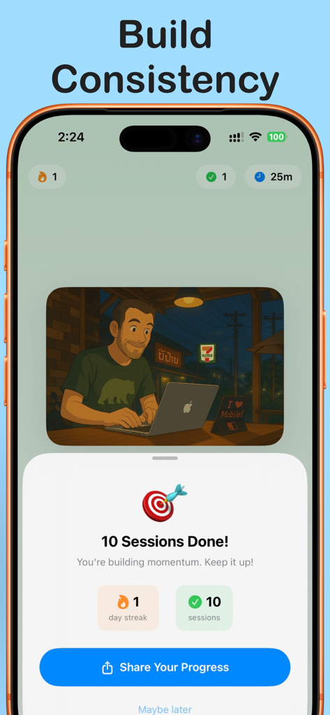 Focus Lock app screen celebrating 10 completed Pomodoro sessions and a daily streak.