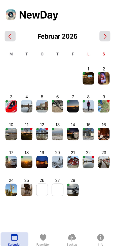 New-Day - A monthly calendar view in the New-Day app showing a single photo thumbnail for each day to track daily memories