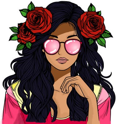 realistic girl with roses in hair and sunglasses