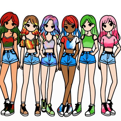 a group of girls wearing crop tops and shorts