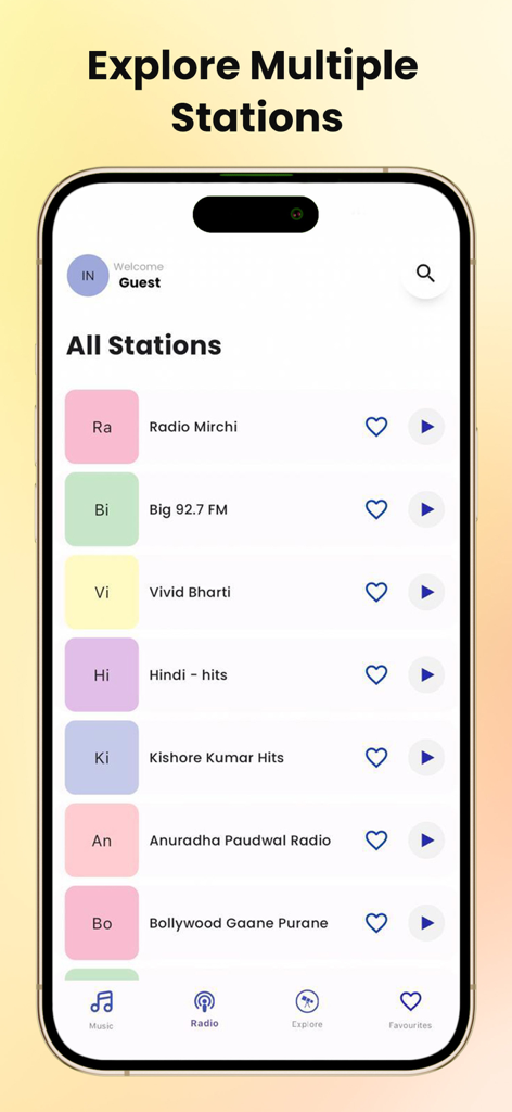 온라인 스트리밍을 위한 엄선된 전 세계 라디오 방송국 목록을 보여주는 모바일 앱 화면