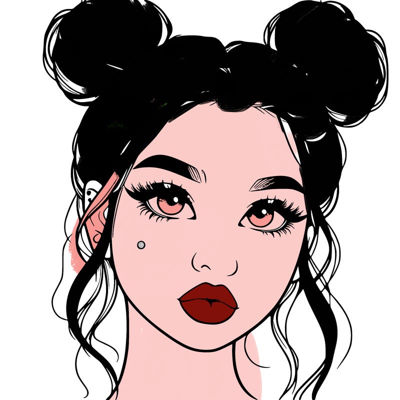 realistic girl with two buns on her hair and lips
