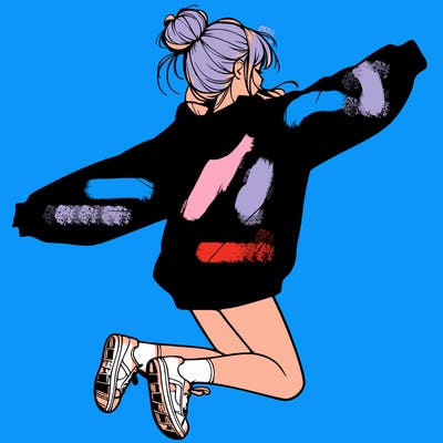 realistic girl jumping with a bun and oversized sweatshirt