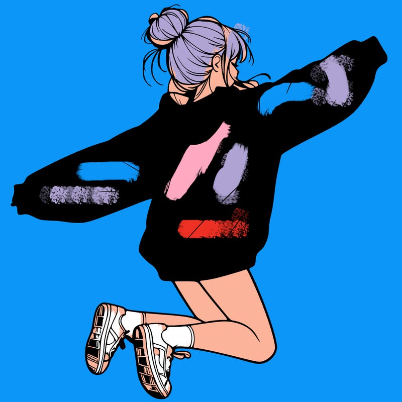realistic girl jumping with a bun and oversized sweatshirt