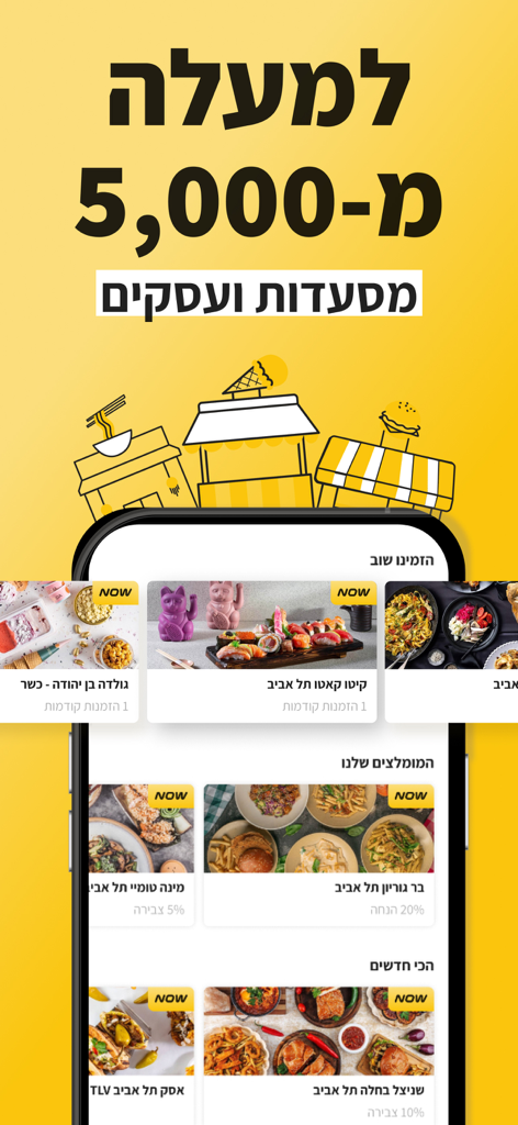 Mishloha mobile app interface showing over 5000 restaurants and businesses with high quality food photos and categories