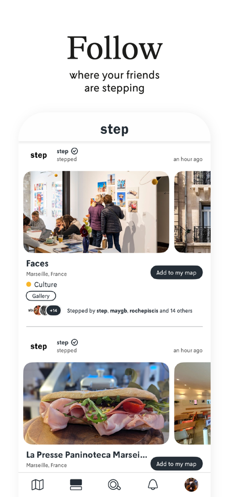 Step: Your World - マルセイユのギャラリーやレストランに関する友人のおすすめが表示されるソーシャルフィードを示すモバイルアプリインターフェース。