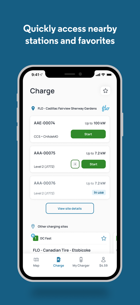 FLO EV Charging App-Oberfläche mit nahe gelegenen Ladestationen mit Echtzeit-Verfügbarkeit und Leistung