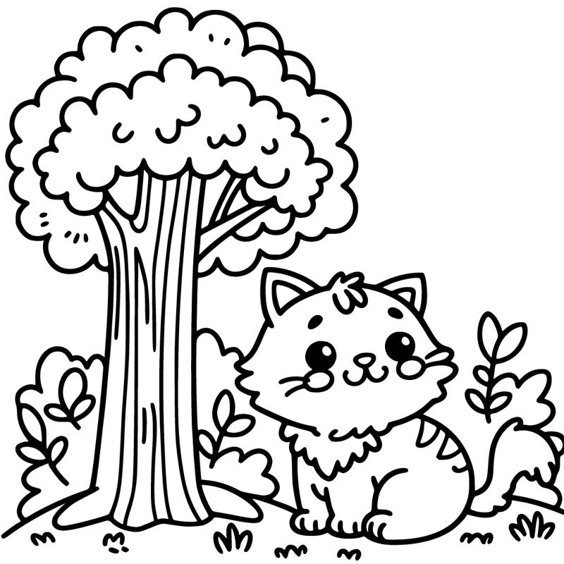 drawing of a cat next to a tree