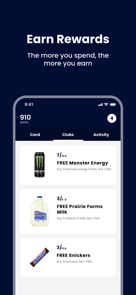 Good To Go & My Good Rewards - A mobile app screen showing loyalty club rewards for energy drinks, milk, and candy bars with progress trackers for free items.