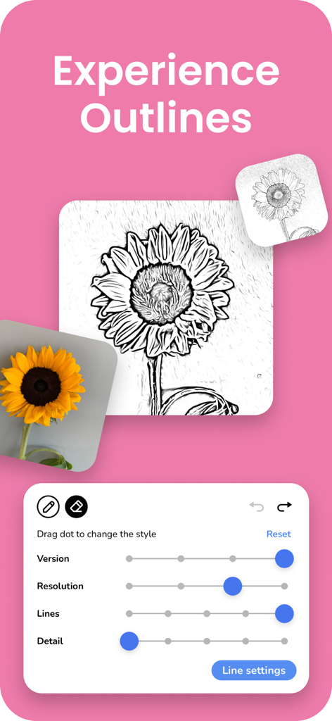 Interfaccia dell'app Colorscape che mostra la foto di un girasole convertita in un contorno di pagina da colorare con impostazioni regolabili di linea e dettaglio.