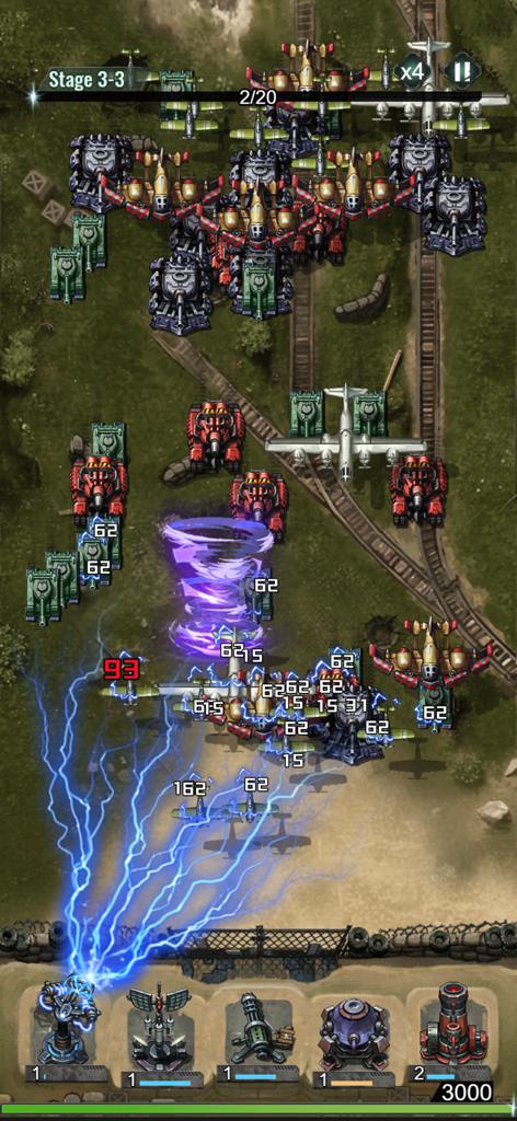 Last Bunker: 1945 - Last Bunker 1945 tower defense gameplay showing tanks and planes being attacked by a lightning turret and special effects