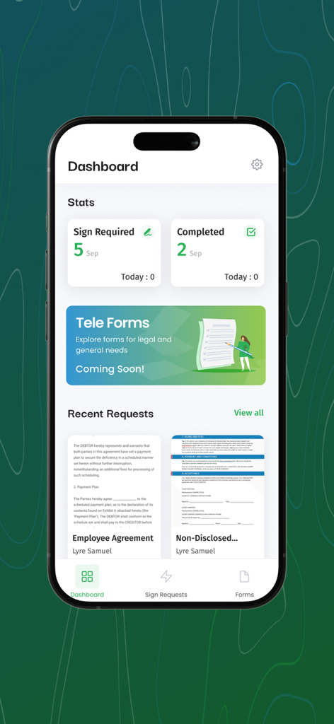 TeleSign - TeleSign mobile dashboard displaying signature statistics and recent document requests for business professionals