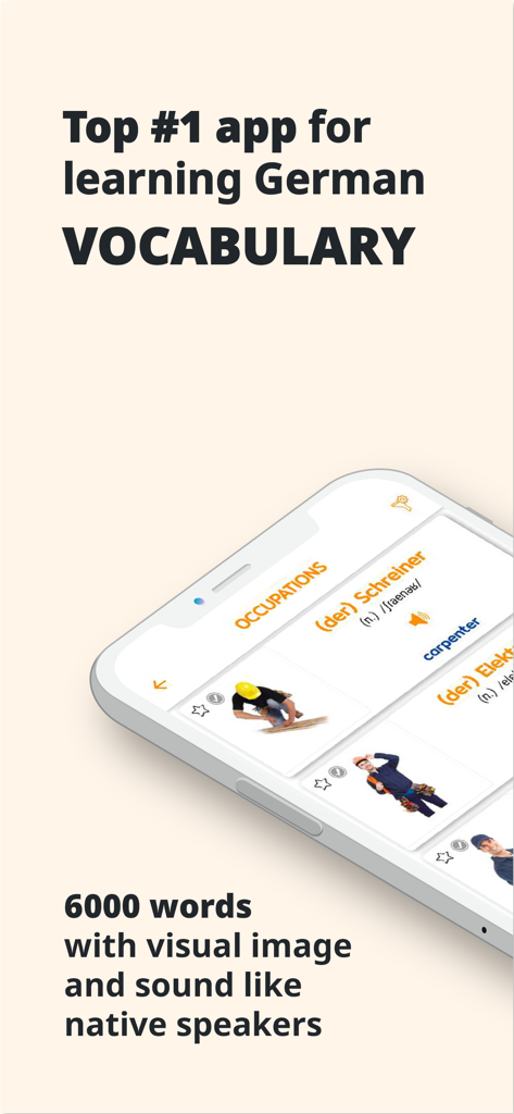 PORO - German Vocabulary - PORO Deutsche Vokabel-App-Oberfläche, die die visuelle Gedächtnismethode mit Bildern und Audio von Muttersprachlern zeigt