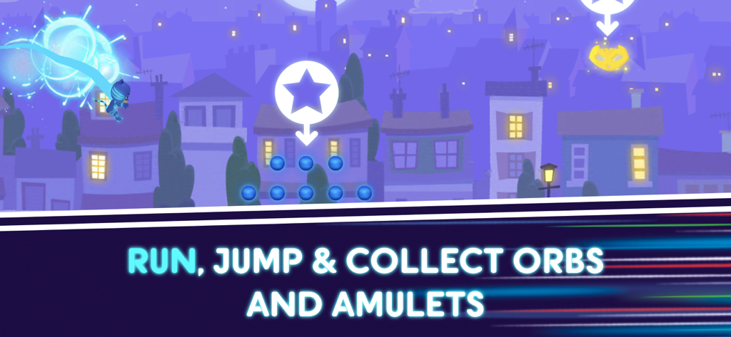 El personaje Gatuno saltando por los tejados para recoger orbes azules en el juego PJ Masks Moonlight Heroes