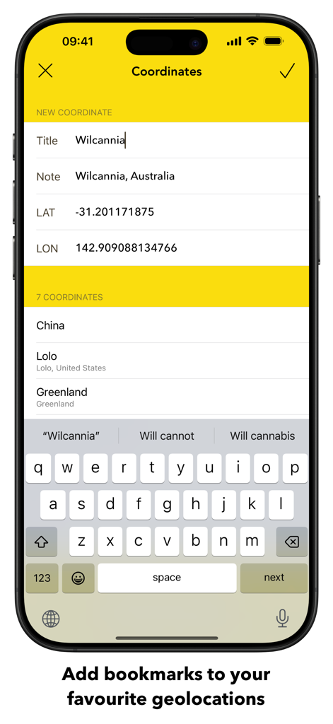 Interface de l'application Coordinates Pro montrant comment ajouter un nouveau favori de géolocalisation avec des détails de latitude et longitude