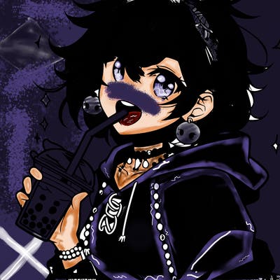 hot baddie anime girl drinking boba and biting the straw