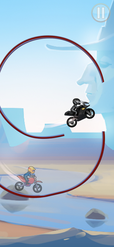 Two motorcycles racing through a loop in a 2D physics-based game level