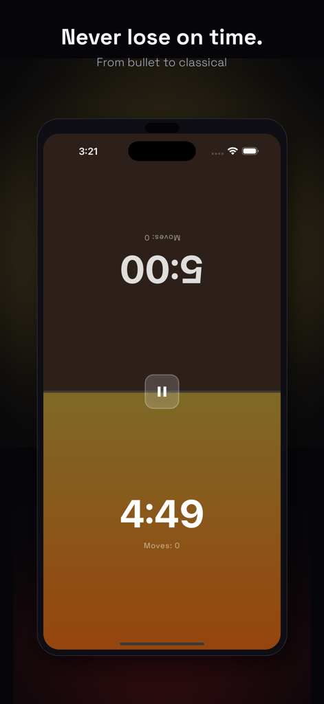 Chess Clock Premium - Interfaz minimalista de doble temporizador de la aplicación Chess Clock Premium que muestra dos relojes de jugador y un botón de pausa central.