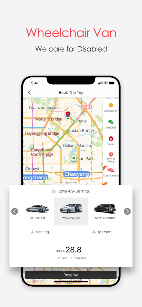 My China Taxi - China Taxi App - Interface do aplicativo My China Taxi mostrando a tela de reserva de uma van acessível para cadeirantes com mapa e preços