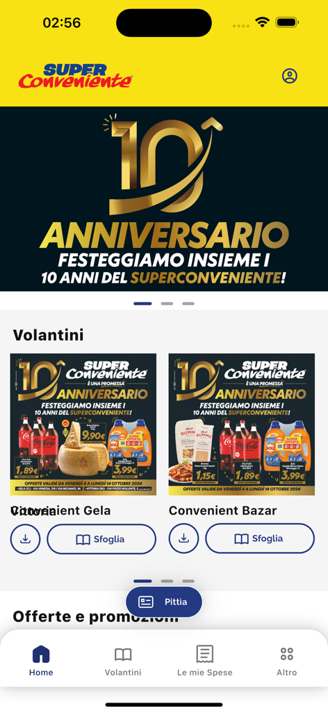 SuperConveniente Gruppo Arena - Schermata principale dell'app SuperConveniente che mostra volantini promozionali e offerte settimanali sulla spesa