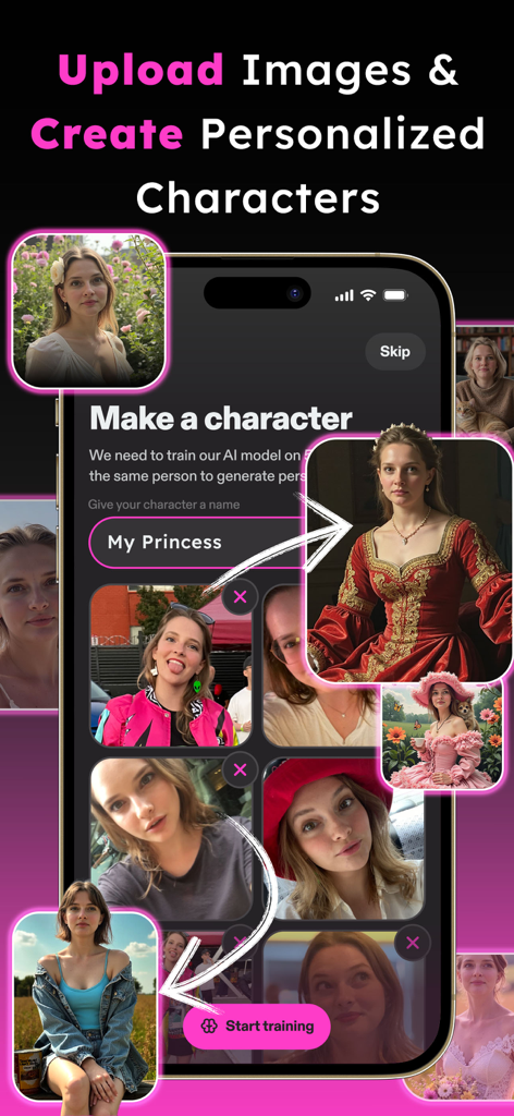 WOMBO Meme: Character Creator - Interface of the WOMBO Meme app showing the photo upload process to create a personalized AI character named My Princess