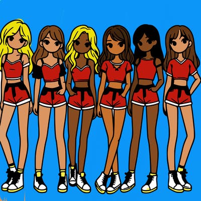 a group of girls wearing crop tops and shorts