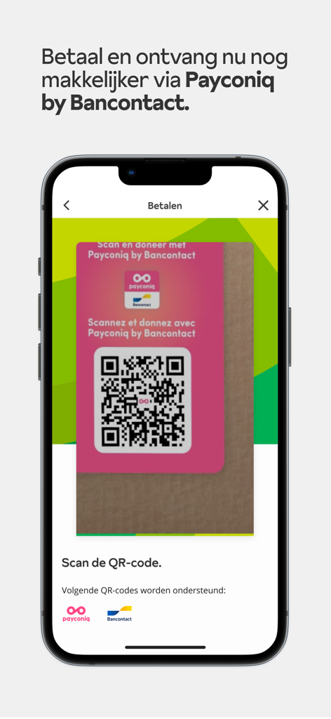 Oberfläche der Crelan Mobile App, die das Scannen eines Payconiq QR-Codes für einfache Zahlungen zeigt