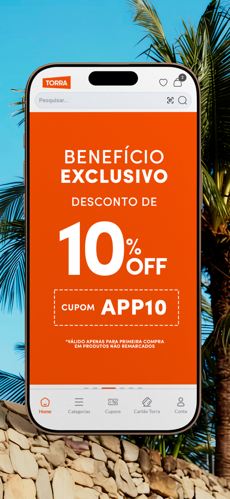 Lojas Torra app screen showing an exclusive 10 percent discount coupon for the first purchase