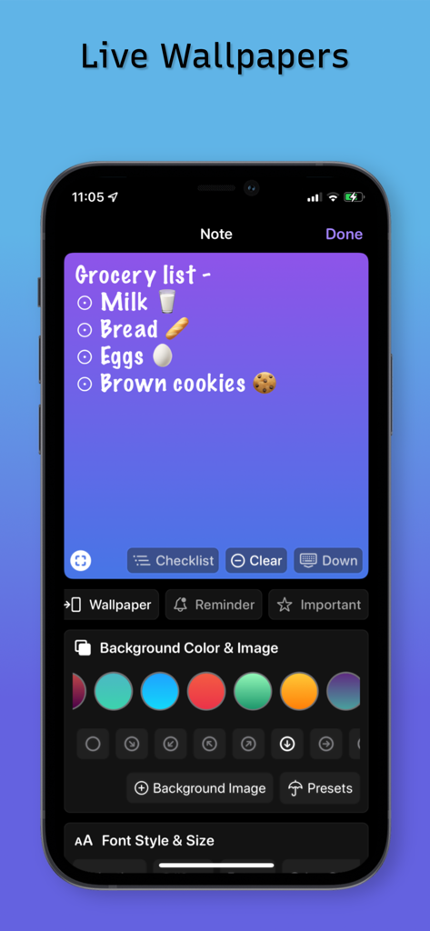 Una lista de compras en una nota adhesiva morada con opciones de personalización para colores de fondo y estilos de fuente