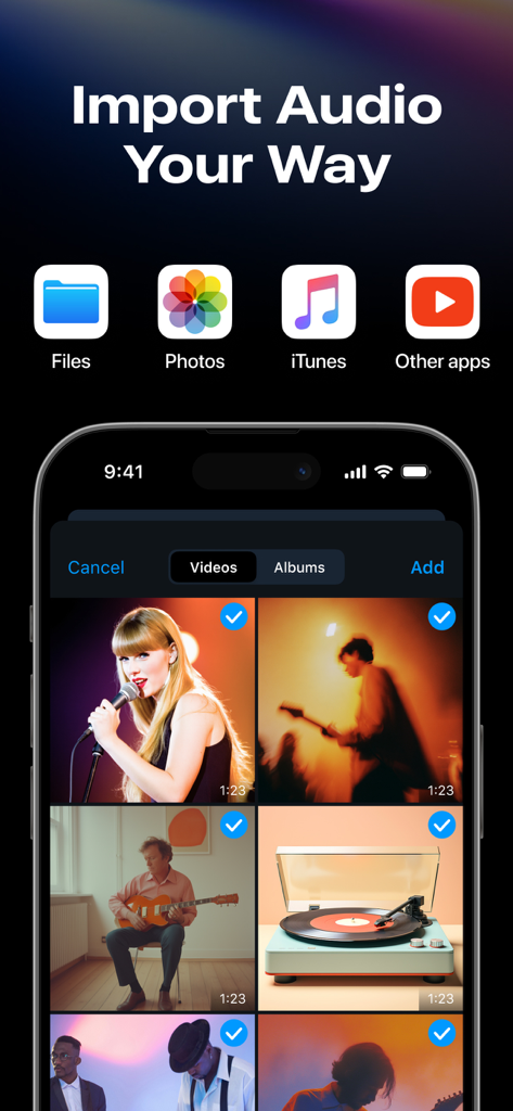 Audio Editor ~ MP3 Converter - Pantalla de iPhone que muestra múltiples opciones de importación de audio, incluyendo Archivos, Fotos, iTunes y otras aplicaciones, con una vista de galería de videos.