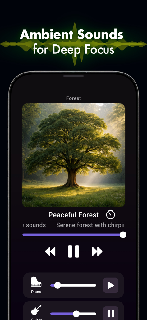 Study Ambience app interface showing a Peaceful Forest soundscape with nature sounds and music mixing controls
