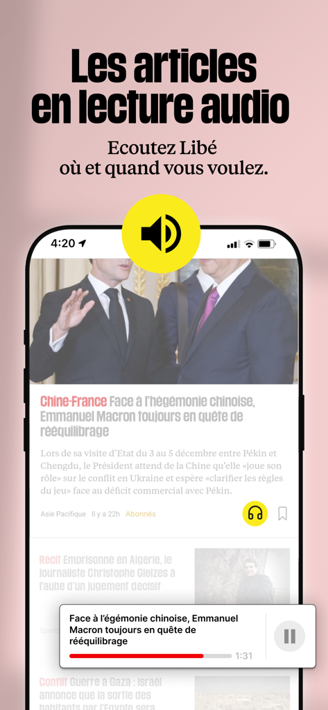 Tela de smartphone do aplicativo Libération exibindo um reprodutor de áudio para ouvir artigos de notícias em francês.